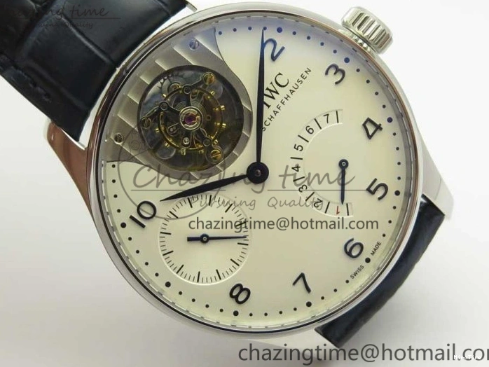 MIROTIME 0506 Portuguese Tourbillon IW5046 SS ZF Best Edition White Dial Blue Markers on Blue Leather Strap Fashionable 7149